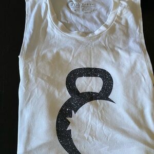 ZYIA White Tank Top with Black Kettlebell Graphic